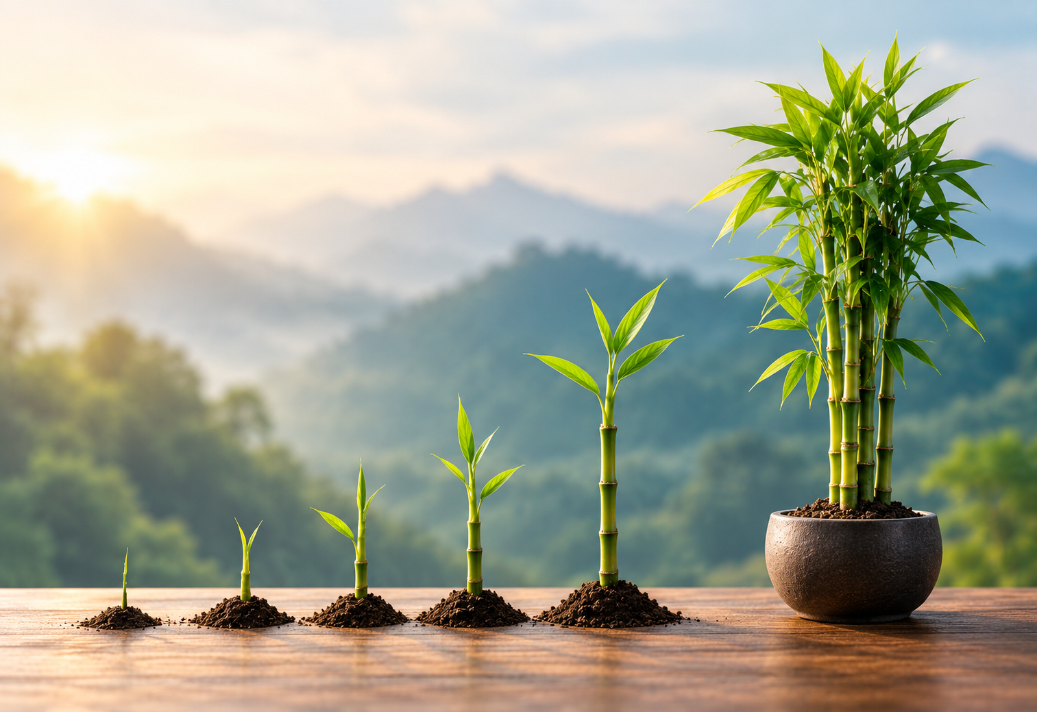 Bamboo shoots growing in stages from soil in a mountain landscape