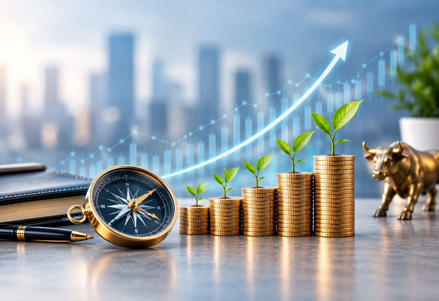 Stacks of coins with growing plants and a rising arrow in front of a city skyline