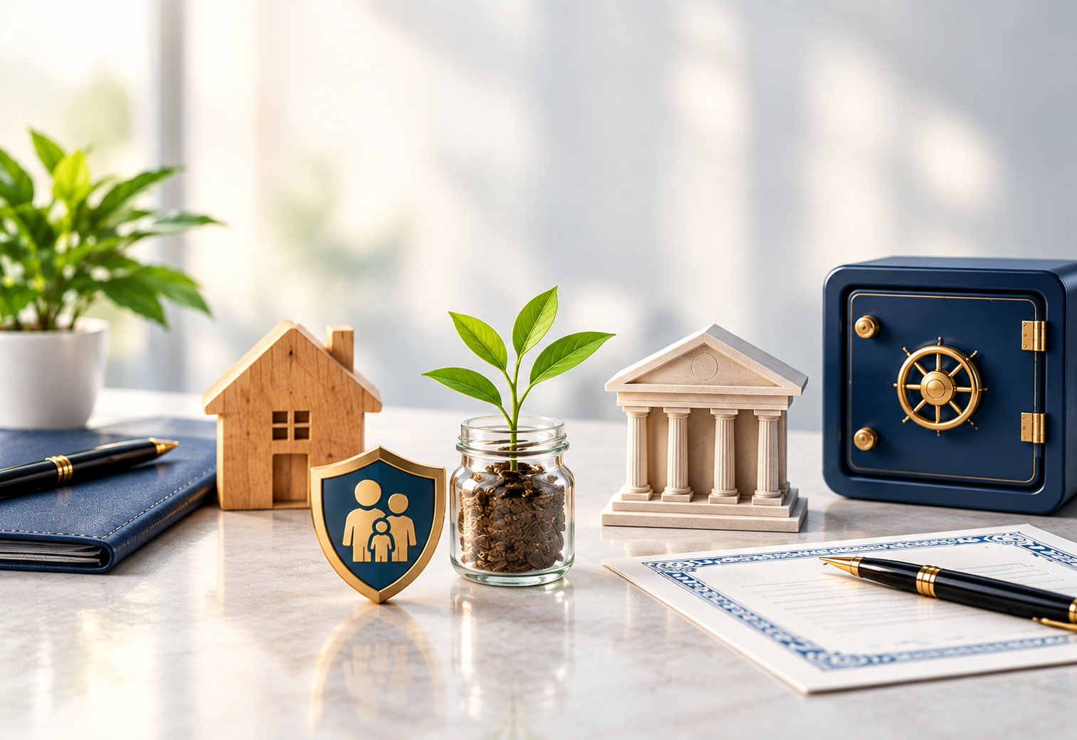 Model house, family shield, plant and vault symbolising family financial security