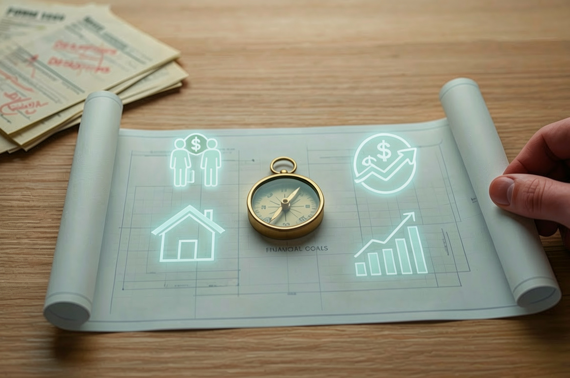 Financial planning map with a compass and icons for family, home and growth