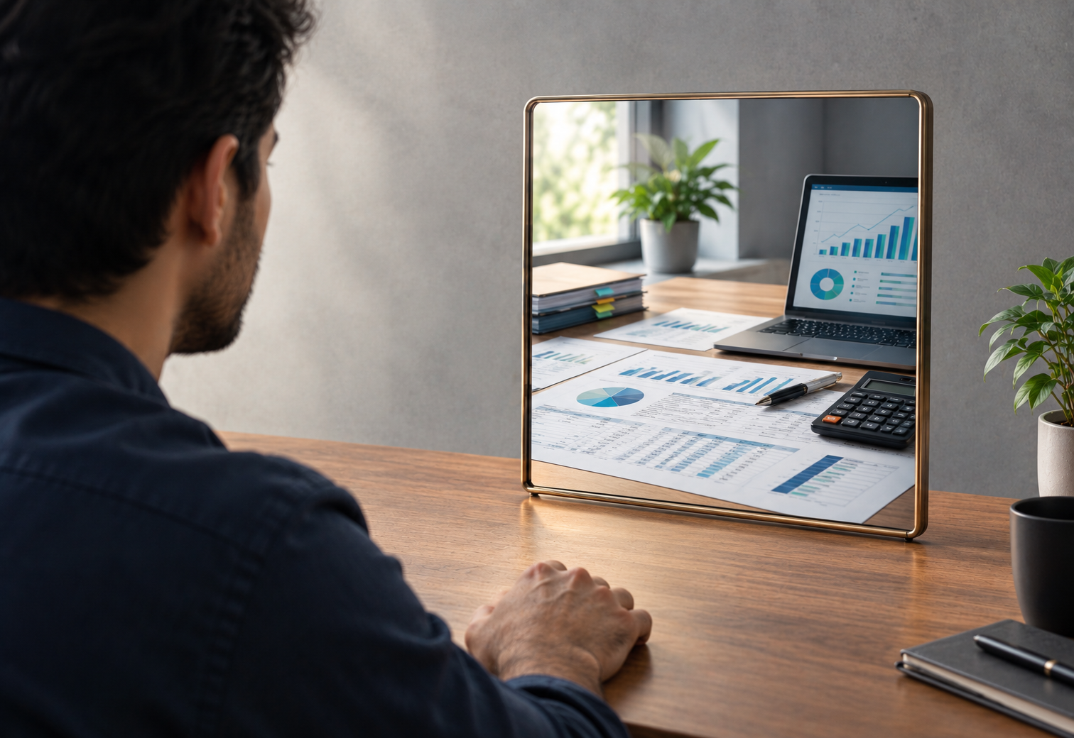 Person looking at financial charts reflected in a mirror