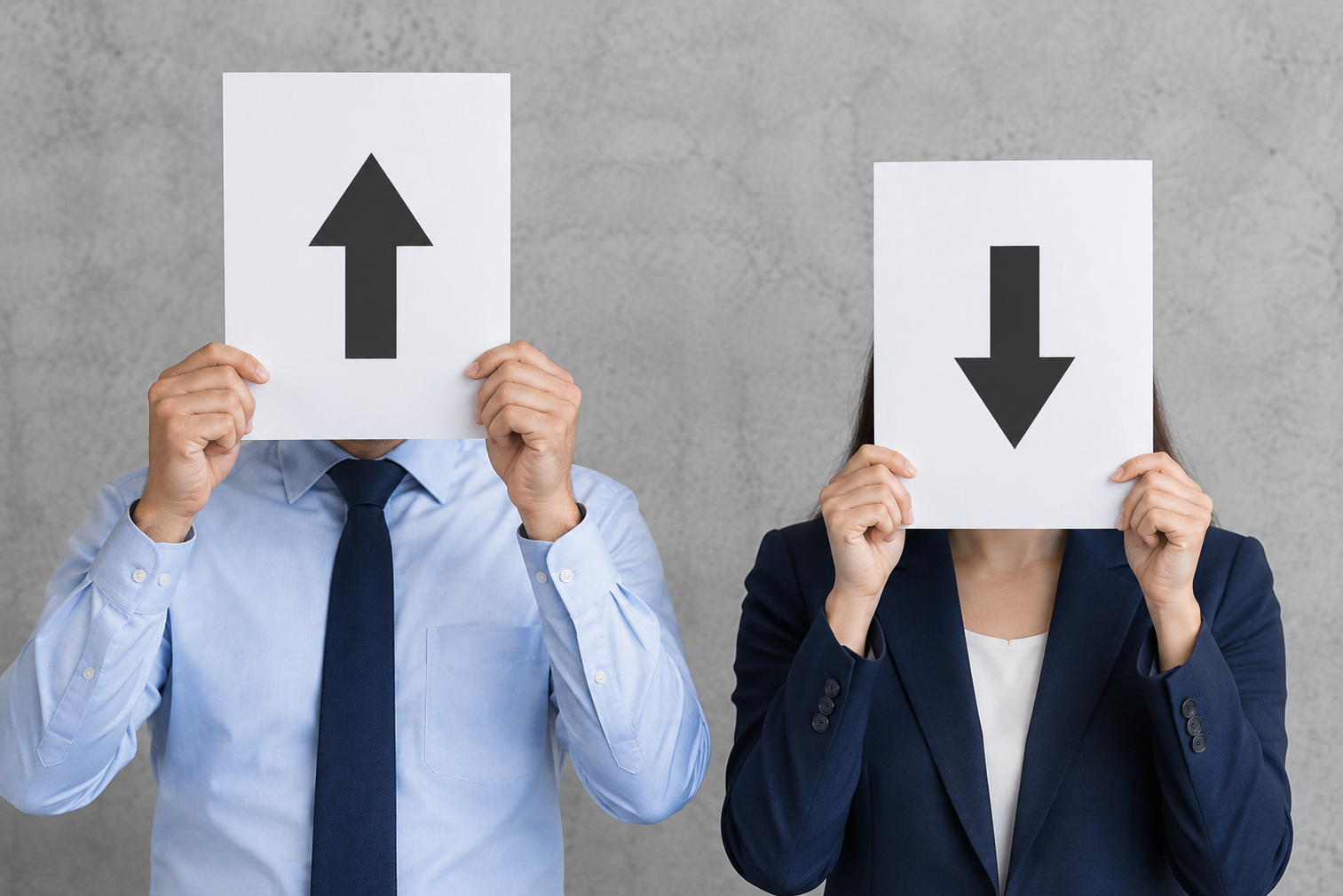 Two professionals holding up and down arrows in front of their faces
