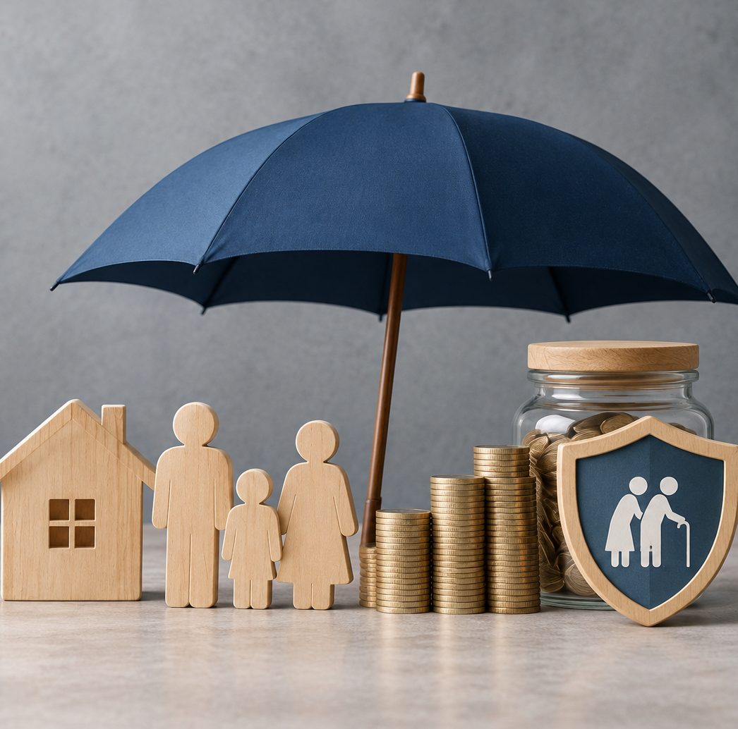 An umbrella sheltering a model house, family figures and coins