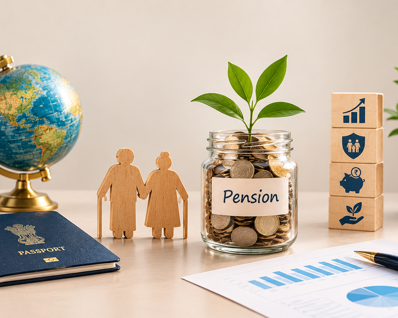 A jar of coins with a growing plant, labelled Pension, beside a globe and passport